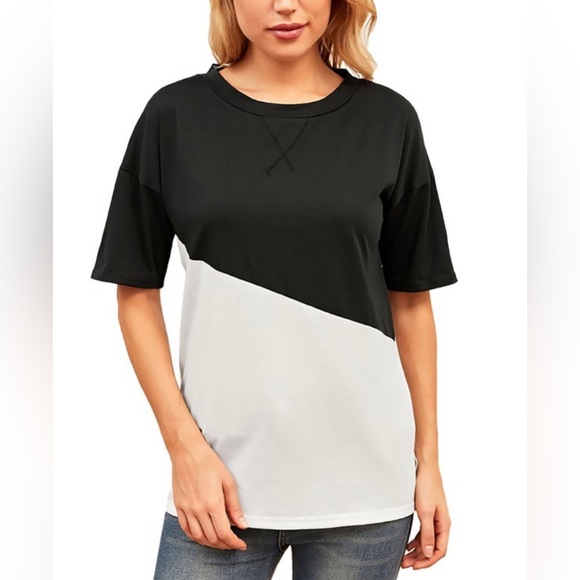 LAPA Women's Contrast Color Short Sleeve T-shirt Stitching Casual Loose Fit Tops - Picture 1 of 5